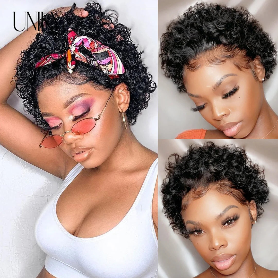 Pixie Cut Wig for Black Women Preplucked 13x1 13x4 Lace Hairline Water Wave Wig Peruvian Short Curly Lace Bouncy Human Hair Wigs