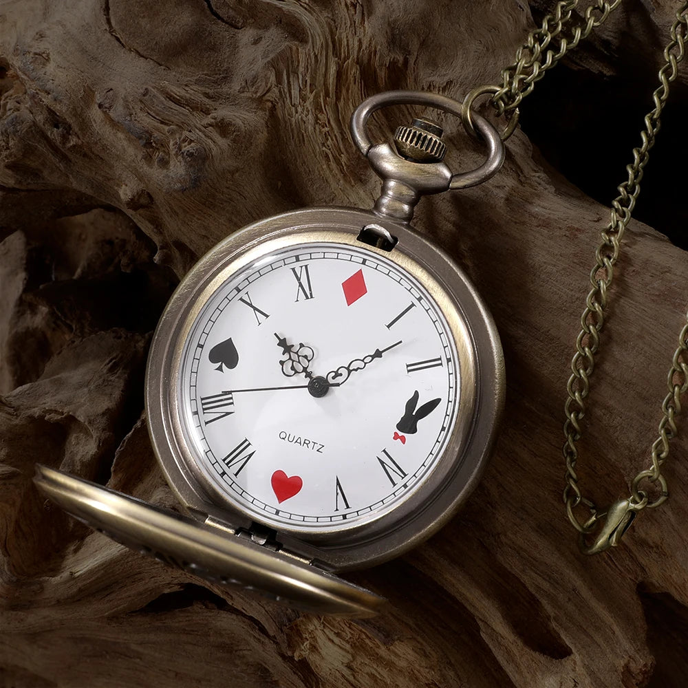Montre de poche à quartz en bronze, style rétro Alice, pendentif, collier, cadeau pour homme et femme