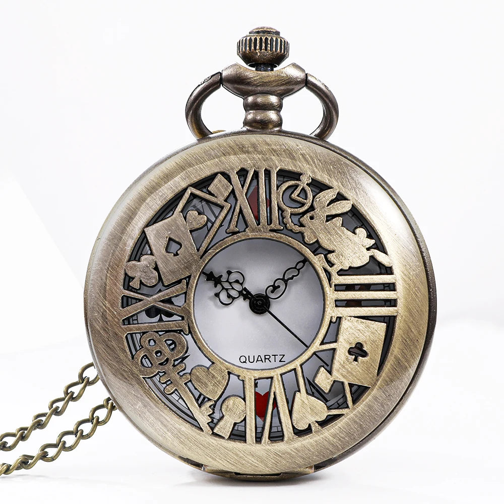 Montre de poche à quartz en bronze, style rétro Alice, pendentif, collier, cadeau pour homme et femme