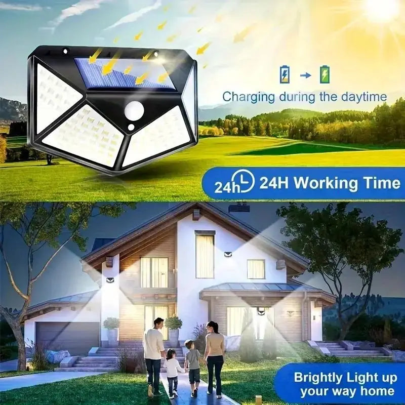 Lot de 1 à 6 lampes murales solaires à 100 LED 1800 mAh, 4 côtés lumineux, avec détecteur de mouvement, éclairage d'extérieur, idéal pour un jardin ou une cour.