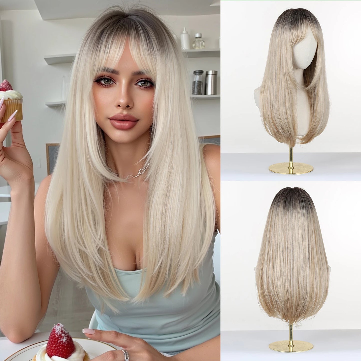 Perruques synthétiques longues blondes EASIHAIR pour femmes, cheveux naturels lisses et dégradés avec frange, résistantes à la chaleur, pour un usage quotidien