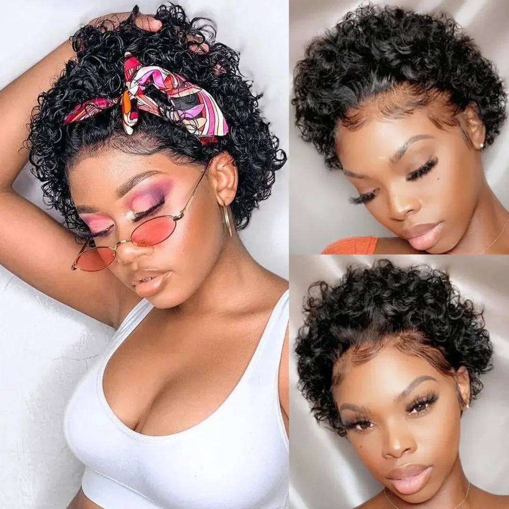 Pixie Cut Wig for Black Women Preplucked 13x1 13x4 Lace Hairline Water Wave Wig Peruvian Short Curly Lace Bouncy Human Hair Wigs