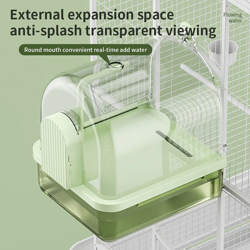 Bain d'oiseaux suspendu transparent, circulation d'eau automatique, douche de bain pour oiseaux, facile à nettoyer, conception peu encombrante, accessoire pour cage à oiseaux