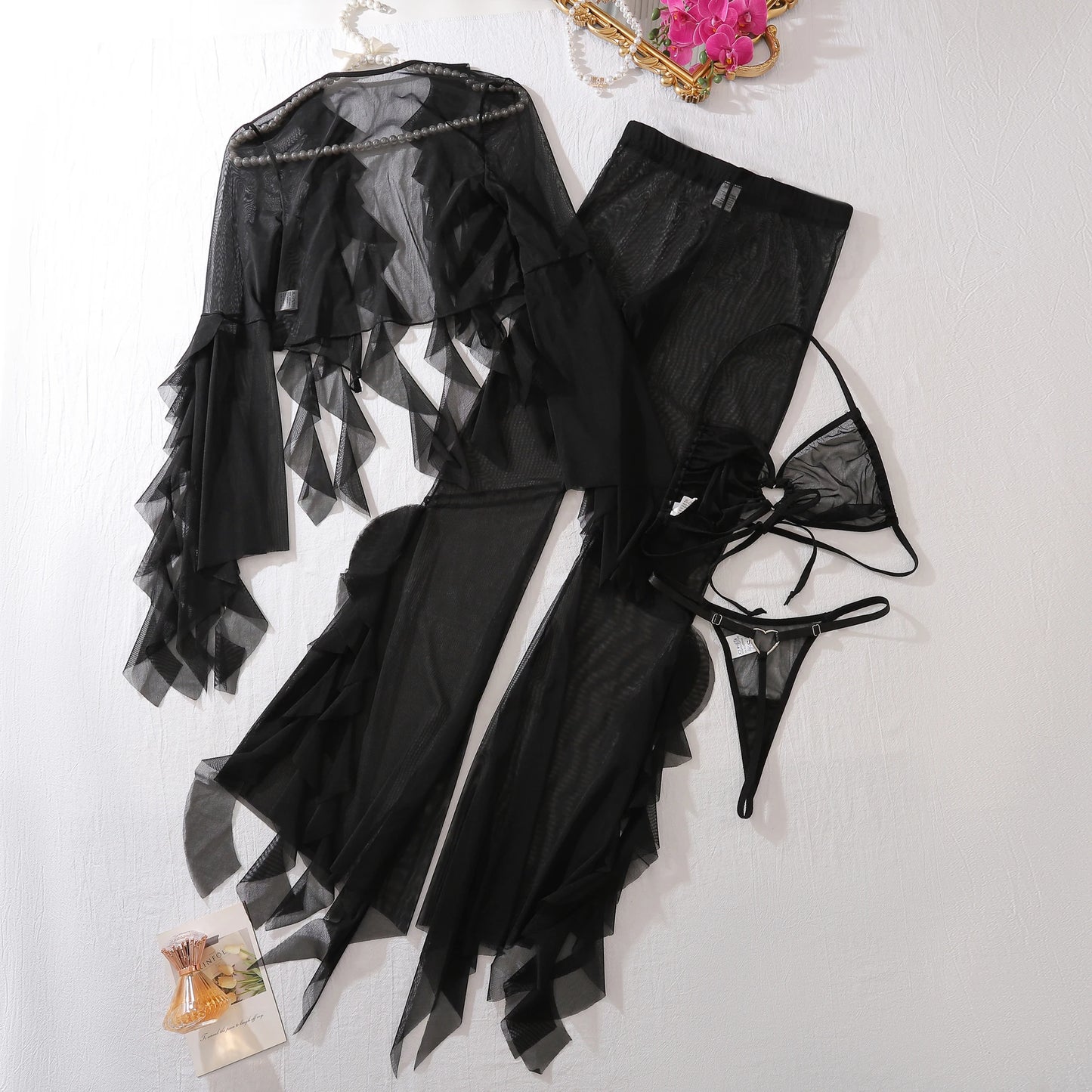 Summer Sexy Four Piece Solid Color Mesh Top Open Skirt Mini Beach Wear Holiday Travel Dress Sexy Long Pants Set