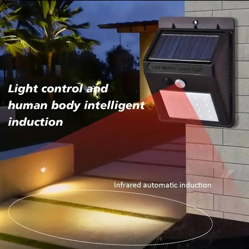Lot de 1 à 6 lampes murales solaires à 100 LED 1800 mAh, 4 côtés lumineux, avec détecteur de mouvement, éclairage d'extérieur, idéal pour un jardin ou une cour.