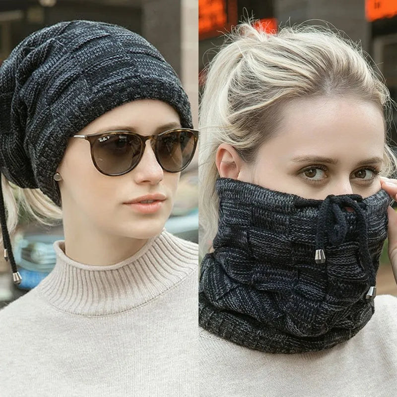 Bonnet tricoté chaud pour homme et femme, bonnet à pompon, bandana, cordon de serrage, écharpe, épais, chaud et doux, tête et cou