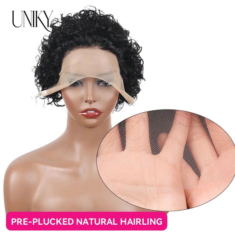 Pixie Cut Wig for Black Women Preplucked 13x1 13x4 Lace Hairline Water Wave Wig Peruvian Short Curly Lace Bouncy Human Hair Wigs