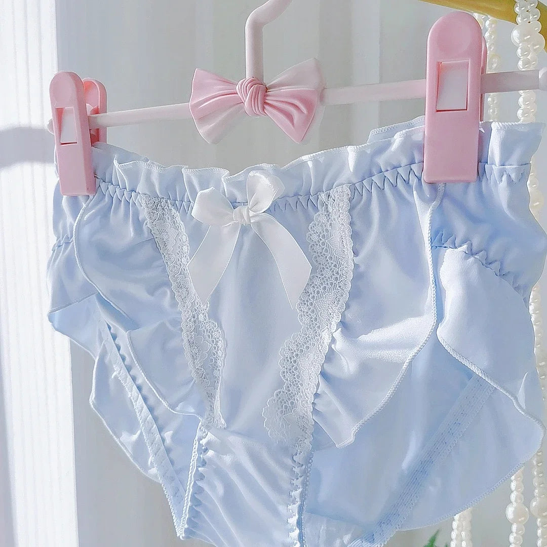 Lotus Leaf Edge High Slit Lolita Sweet Panties Japanese Cute Student Mid Waist Underwear Girl Milk Silk Triangle Pants 섹시