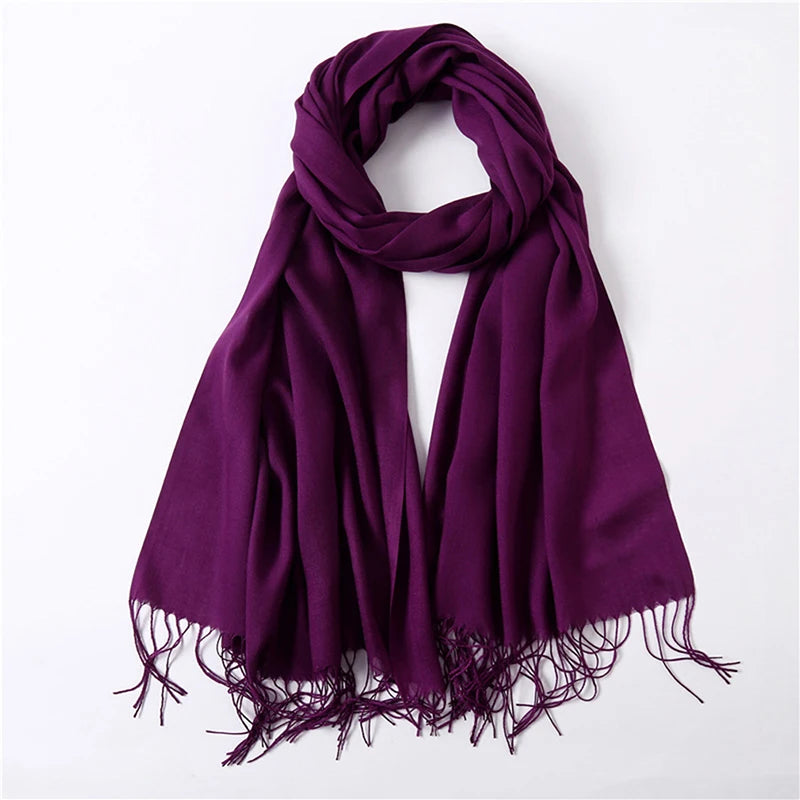 Écharpe tendance pour femme, couleur unie, hijab d'hiver, pompons, long châle, style cachemire, pashmina, bandana