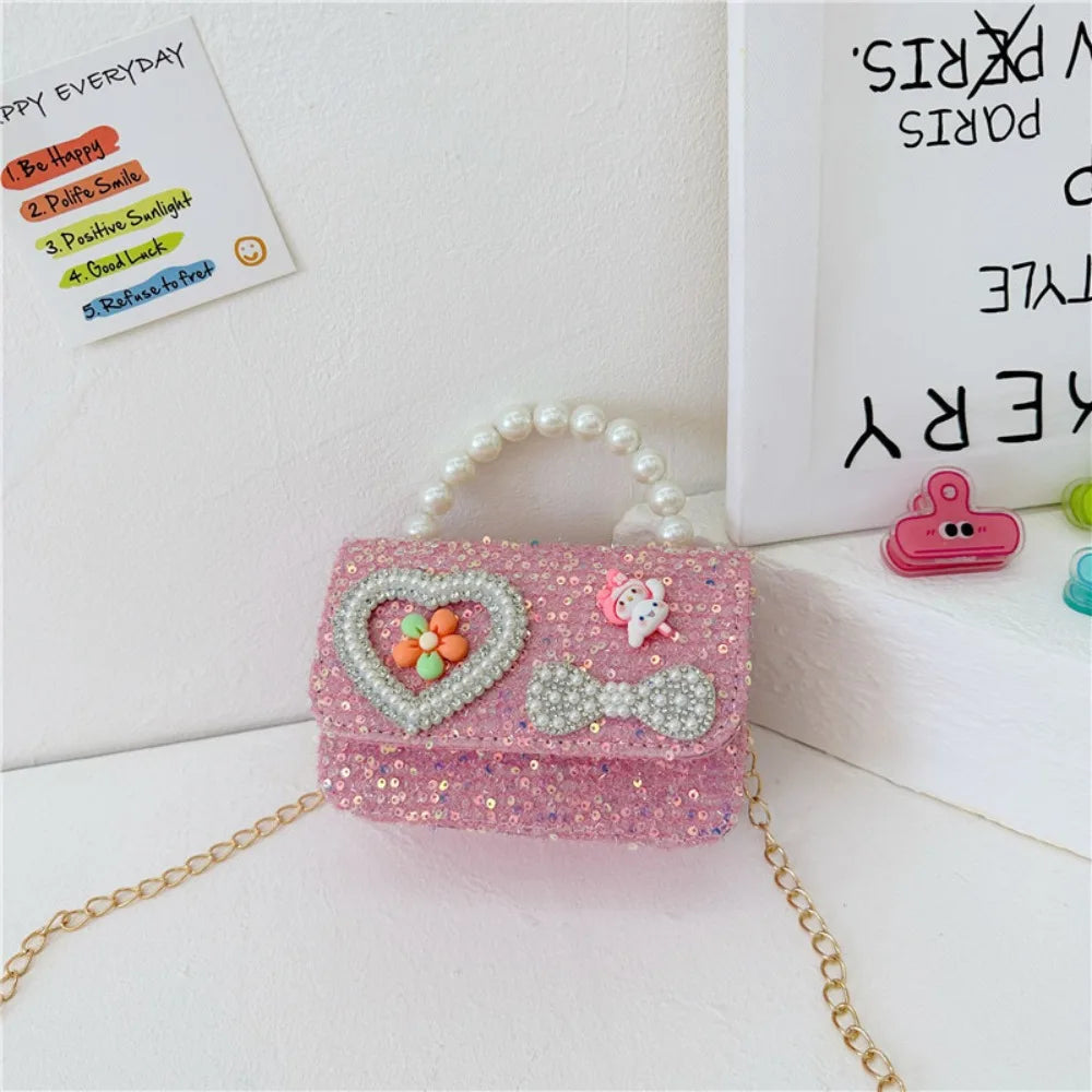 2024 Korean Style Pearl Kid's Handbag Lace Bow Princess Shoulder Messenger Bag Sequin Zero Wallet Pocket Pack