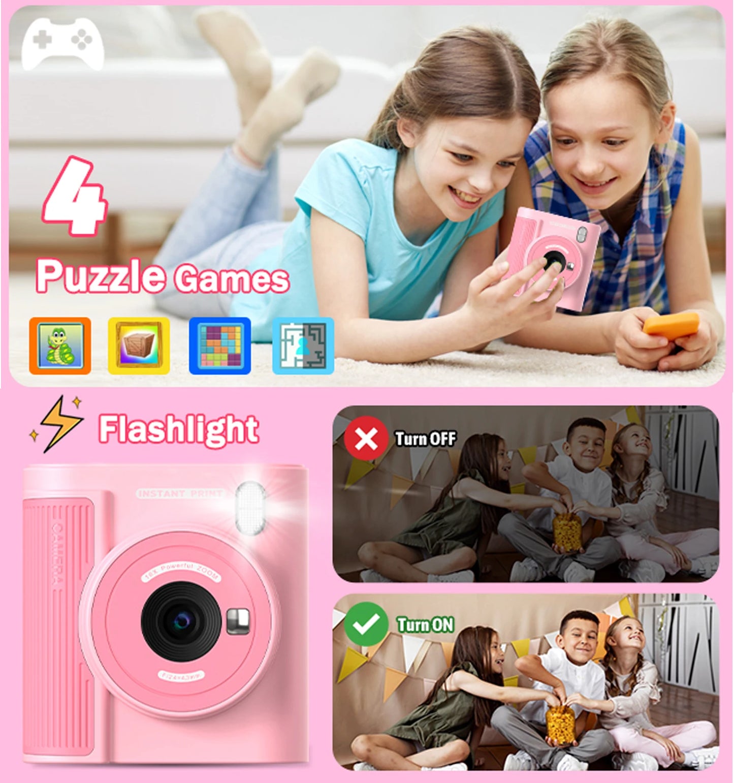 Kids Camera Instant Print HD 1080P 16X Zoom Digital Camera Video Recorder Toy for Girls & Boys Best Christmas Birthday Gfits