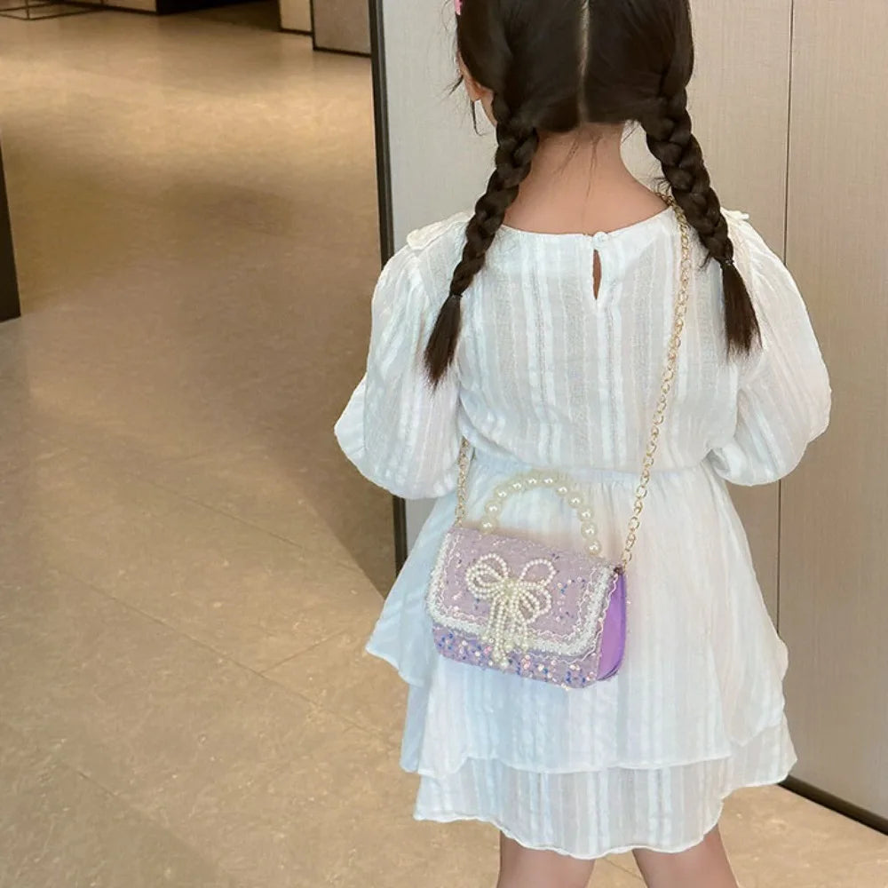 2024 Korean Style Pearl Kid's Handbag Lace Bow Princess Shoulder Messenger Bag Sequin Zero Wallet Pocket Pack