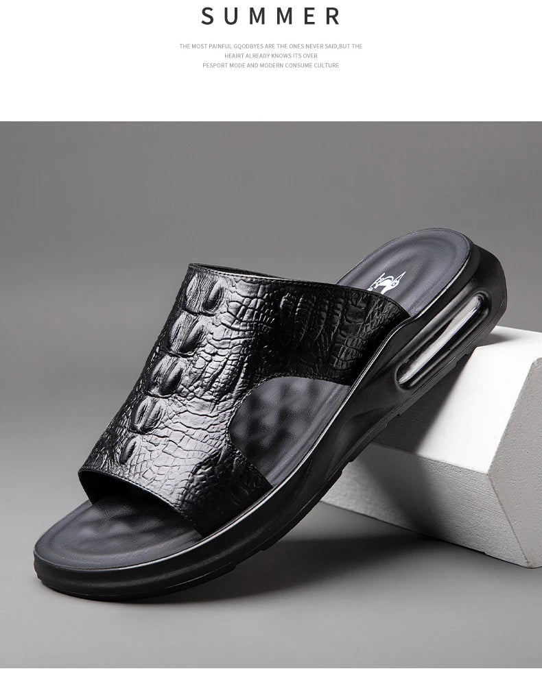 Chaussures d'été pour hommes, sandales en cuir véritable, imprimé crocodile, pantoufles décontractées, tongs à coussin d'air, chaussures de plage cool