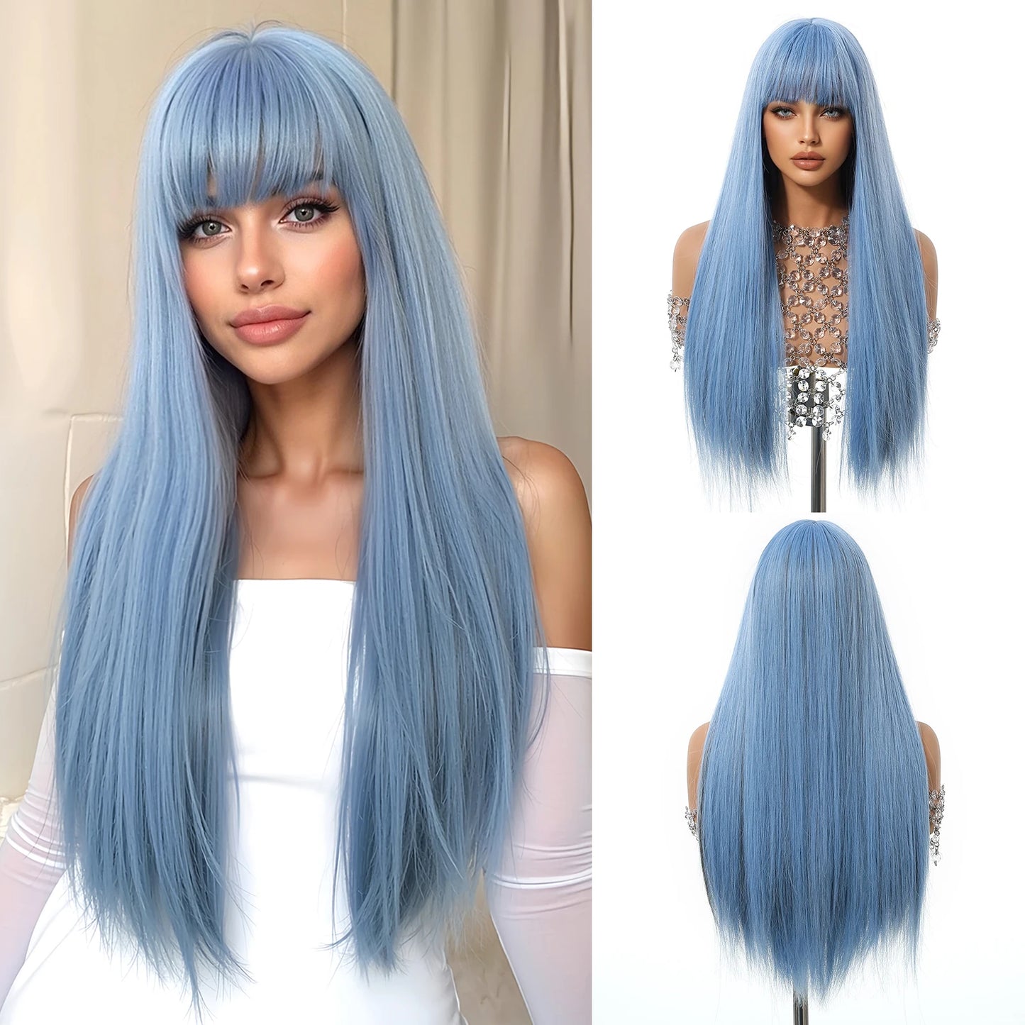 Perruques synthétiques longues blondes EASIHAIR pour femmes, cheveux naturels lisses et dégradés avec frange, résistantes à la chaleur, pour un usage quotidien