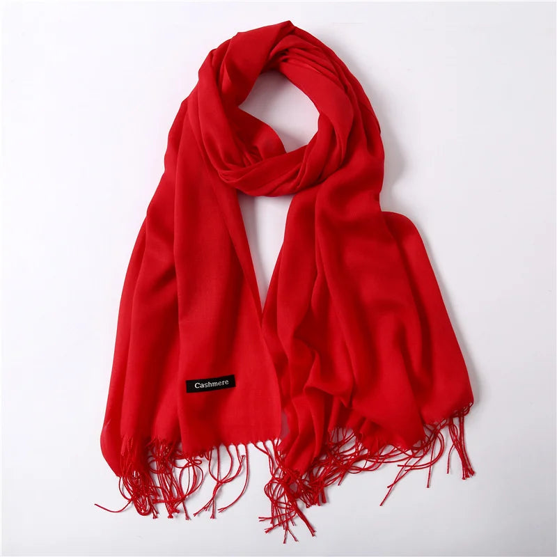Écharpe tendance pour femme, couleur unie, hijab d'hiver, pompons, long châle, style cachemire, pashmina, bandana