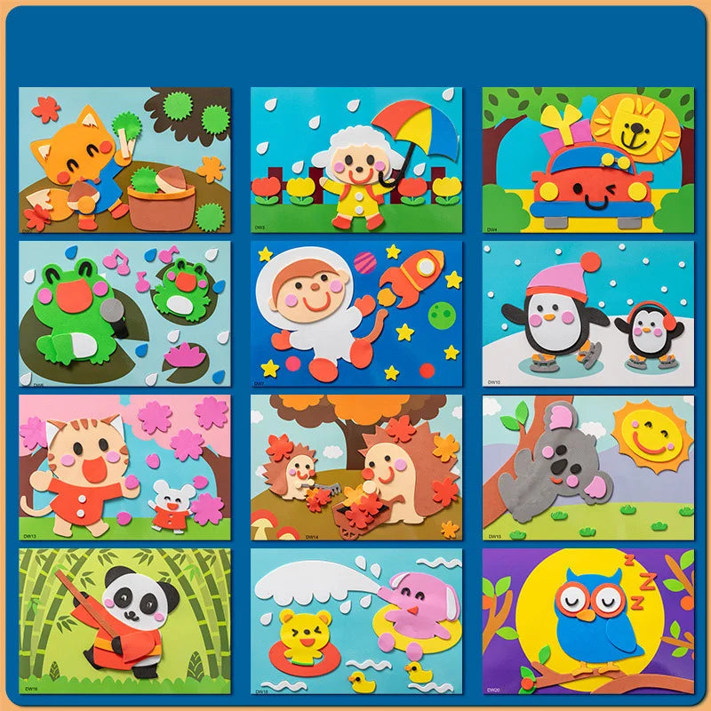 12 Pcs/Set 3D EVA Foam Handmade Sticker Cartoon Animal Vehicle Style DIY Stickers for Kindergarten Kids Gift