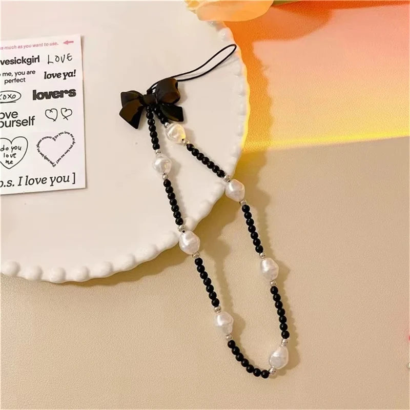Retro Bowknot Pearl Phone Charm Strap Flower Bead Pendant Korean Bracelet For iPhone Samsung Accessories Hanging Rope For Girl