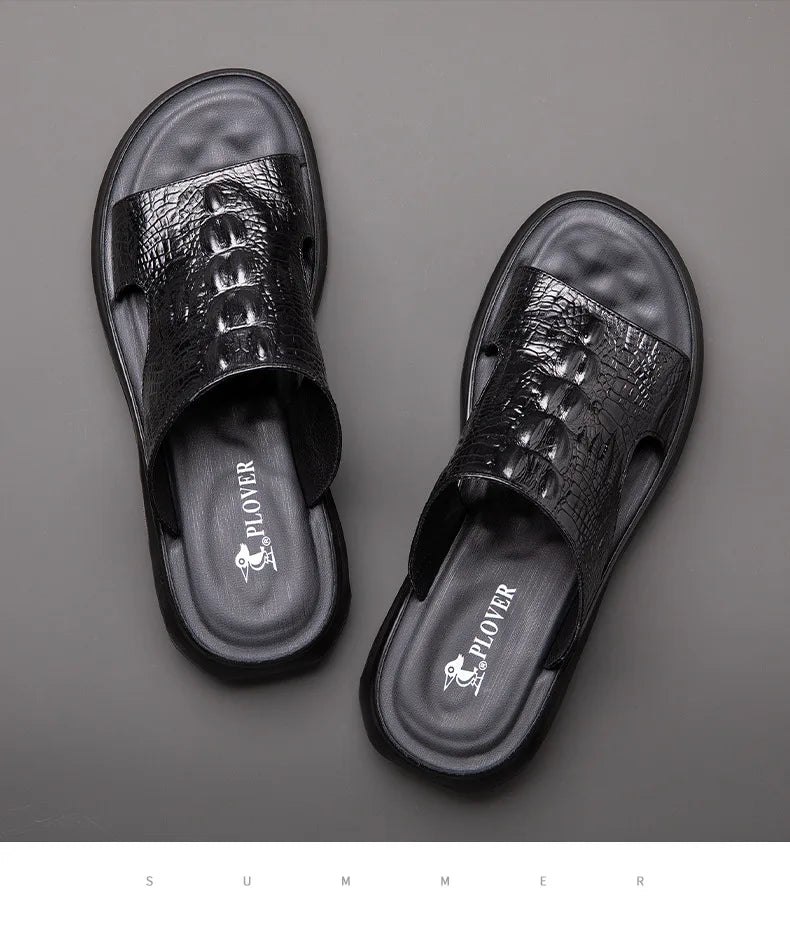 Chaussures d'été pour hommes, sandales en cuir véritable, imprimé crocodile, pantoufles décontractées, tongs à coussin d'air, chaussures de plage cool