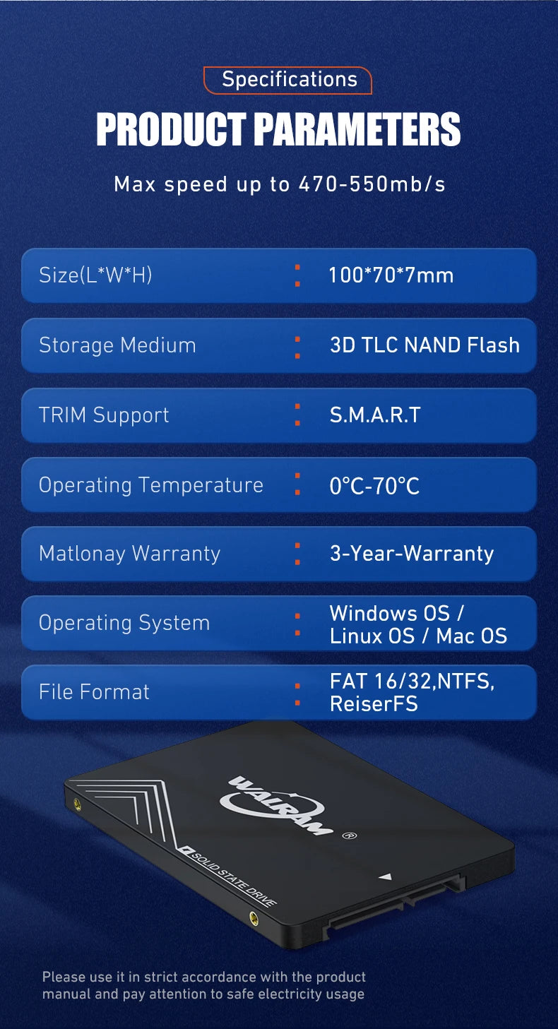 Disque dur SSD Walram 1 To SATA3 SSD 120 Go 240 Go 128 Go 256 Go 480 Go 512 Go 500 Go pour ordinateur portable de bureau
