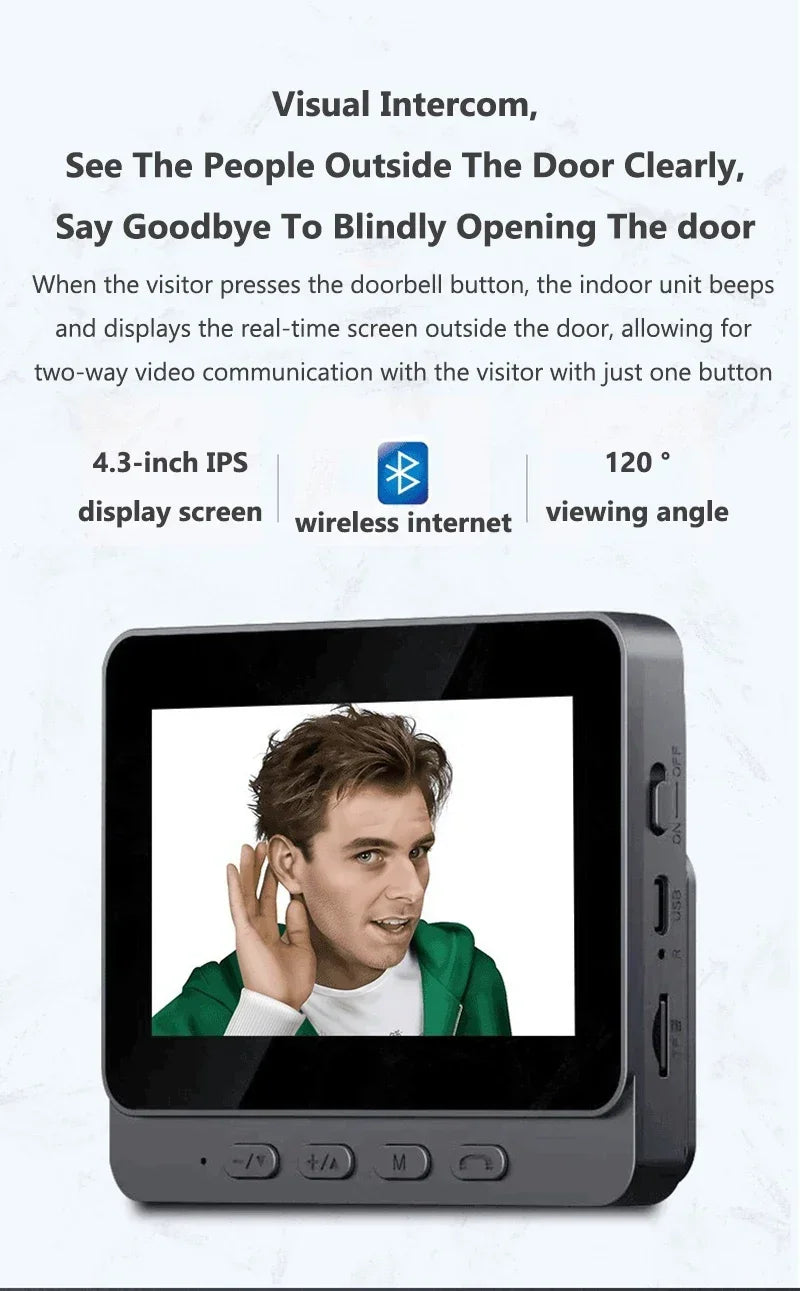 Wireless Video Intercom Doorbell HD Night Vision 4.3-inch lPS Screen Waterproof Visual Door Bell Camera Smart Home Security