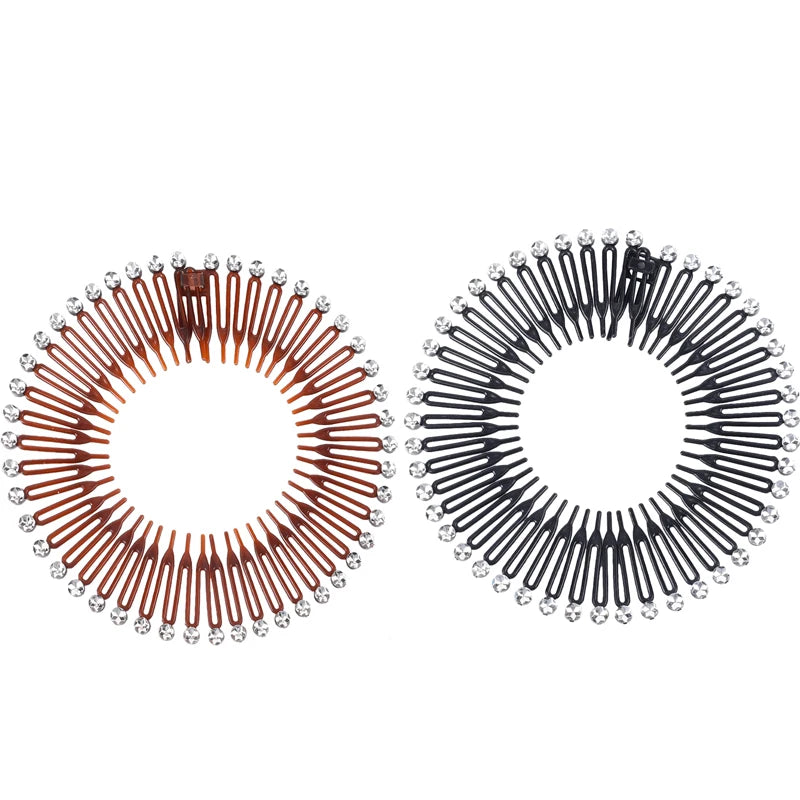 2pcs Rhinestone Plastic Full Circle Stretch Diamond Flexible Comb Teeth Headband Hair Band Clip Face Wash Fixed Hair Accessories