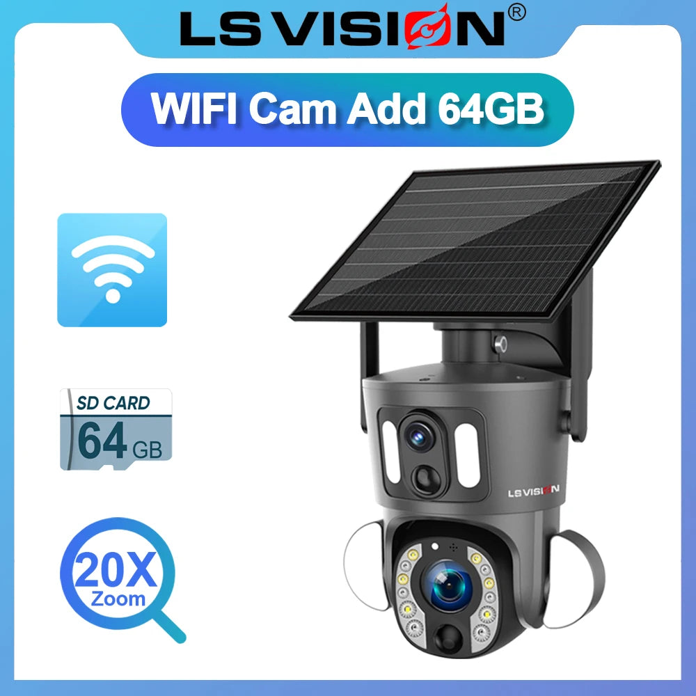 LS VISION 4G Solar Security Camera Outdoor 20X Zoom Dual Screen 8MP WiFi PTZ Dual Lens PIR Detection Auto Tracking Camera UBOX