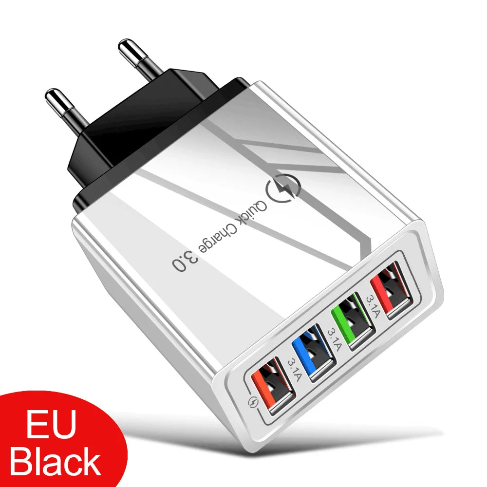 4 Ports USB Charger Fast Charging EU/US Plug Mobile Phone Charger Universal Quick Charge 3.0 Power Adapter For Xiaomi 12 Pro Max