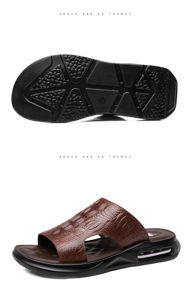 Chaussures d'été pour hommes, sandales en cuir véritable, imprimé crocodile, pantoufles décontractées, tongs à coussin d'air, chaussures de plage cool