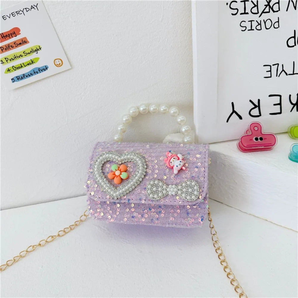 2024 Korean Style Pearl Kid's Handbag Lace Bow Princess Shoulder Messenger Bag Sequin Zero Wallet Pocket Pack