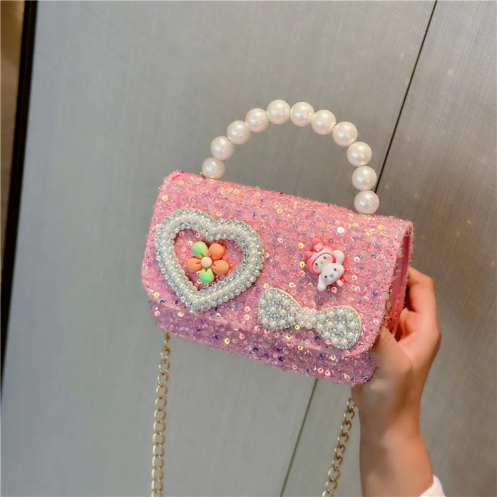 2024 Korean Style Pearl Kid's Handbag Lace Bow Princess Shoulder Messenger Bag Sequin Zero Wallet Pocket Pack
