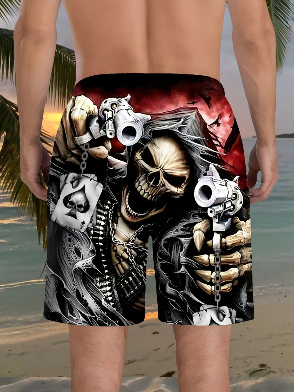 Men's Skull Print Beach Shorts Lightweight Soft Texture Summer Casual Sweatpants Gym Basketball Fishing and Outdoor Activities