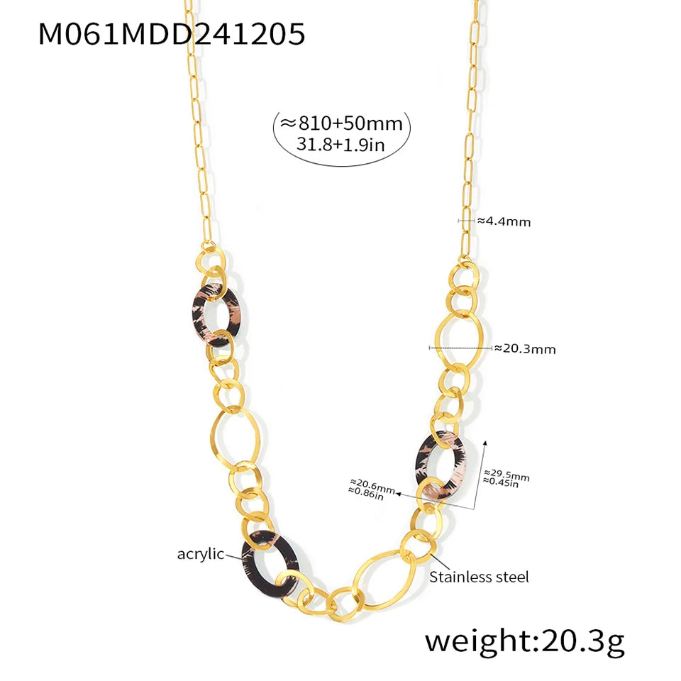 Collier long en acier inoxydable plaqué or 18 carats pour femme, chaîne de pull, imprimé léopard, accessoires de bijoux