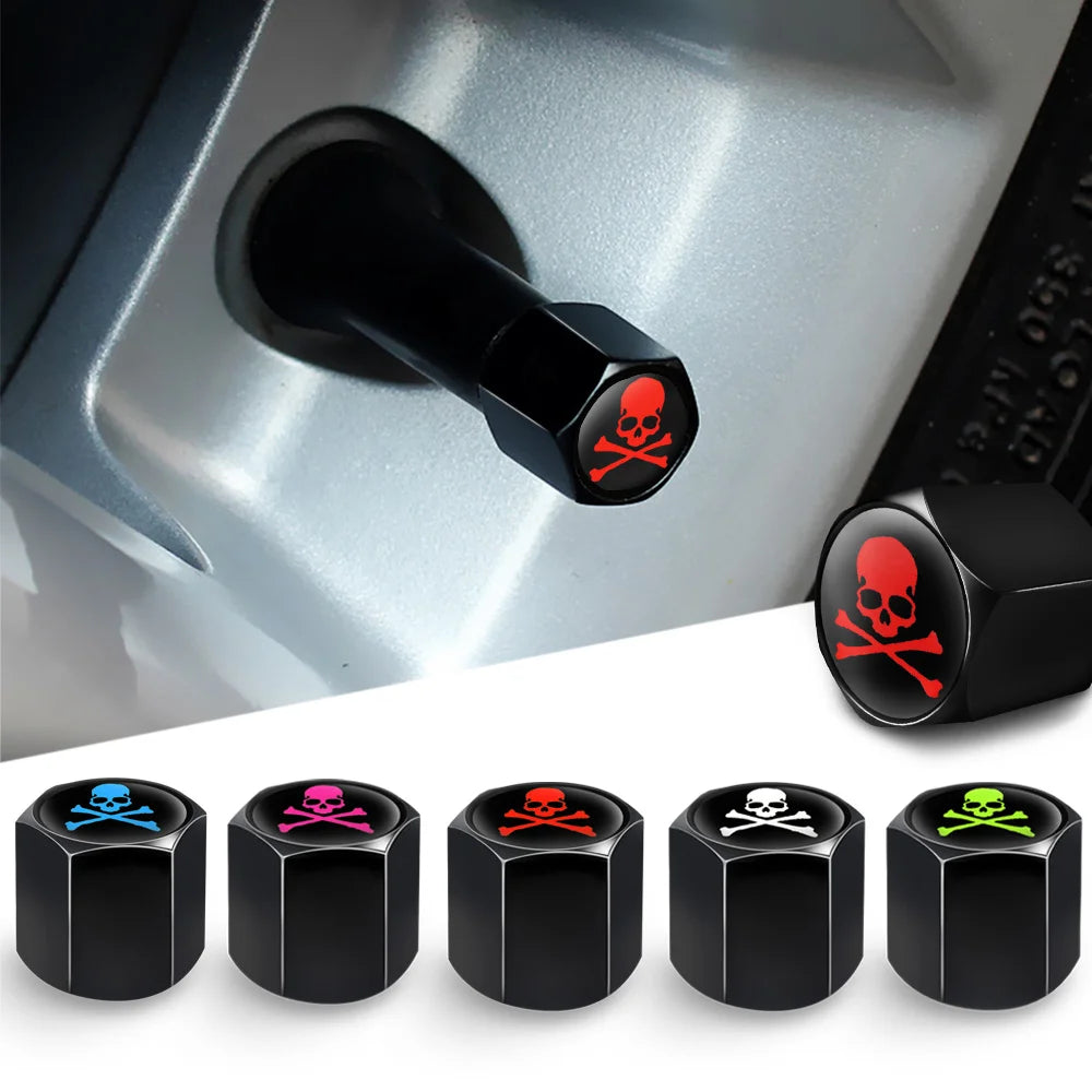 Lot de 4 bouchons de valve de pneu tête de mort avec joint torique, universels pour voitures, SUV, vélos, camions et motos