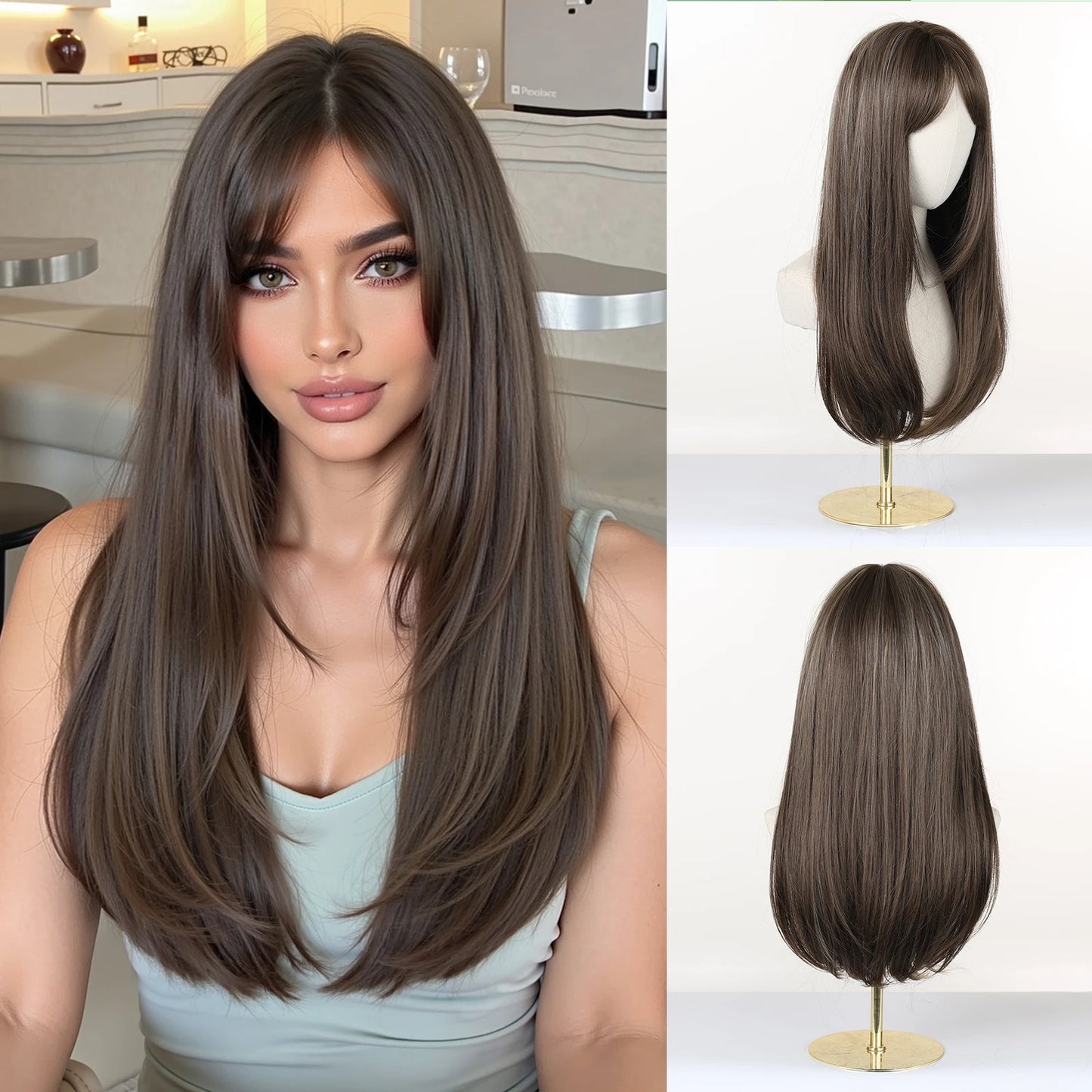 Perruques synthétiques longues blondes EASIHAIR pour femmes, cheveux naturels lisses et dégradés avec frange, résistantes à la chaleur, pour un usage quotidien