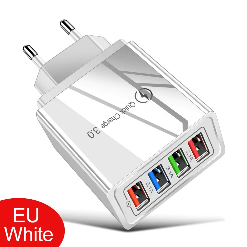 4 Ports USB Charger Fast Charging EU/US Plug Mobile Phone Charger Universal Quick Charge 3.0 Power Adapter For Xiaomi 12 Pro Max