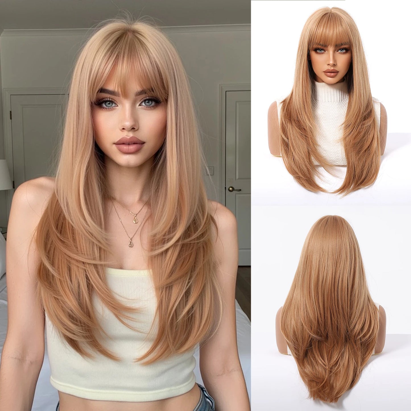 Perruques synthétiques longues blondes EASIHAIR pour femmes, cheveux naturels lisses et dégradés avec frange, résistantes à la chaleur, pour un usage quotidien