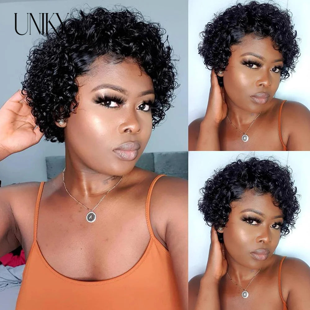 Pixie Cut Wig for Black Women Preplucked 13x1 13x4 Lace Hairline Water Wave Wig Peruvian Short Curly Lace Bouncy Human Hair Wigs