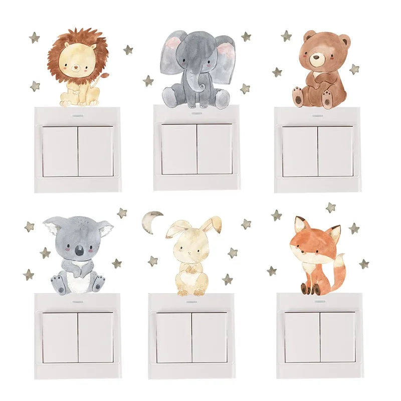 Lot de 6 autocollants muraux animaux de dessin animé pour chambre d'enfant, chambre de bébé, décoration pour interrupteur, chambre d'enfant, chambre d'enfant