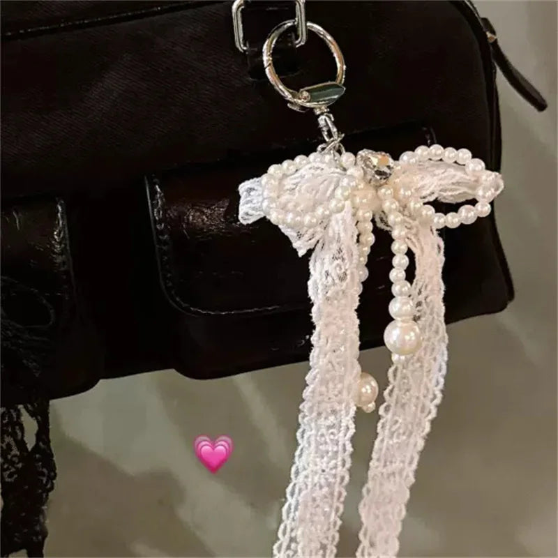 Chaîne de téléphone portable en dentelle et perles, style coréen des années 2000, breloque, nœud, porte-clés, écouteurs, sac, pendentif, accessoires Kawaii