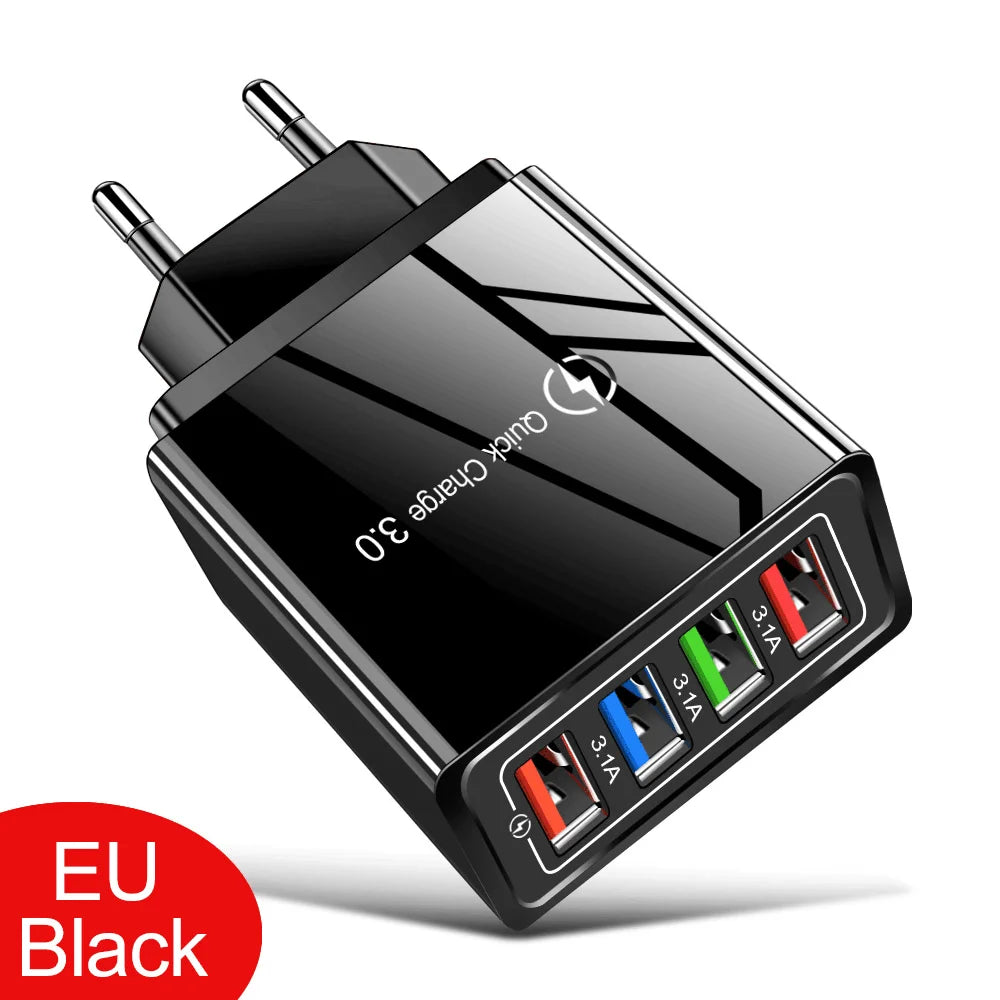 4 Ports USB Charger Fast Charging EU/US Plug Mobile Phone Charger Universal Quick Charge 3.0 Power Adapter For Xiaomi 12 Pro Max