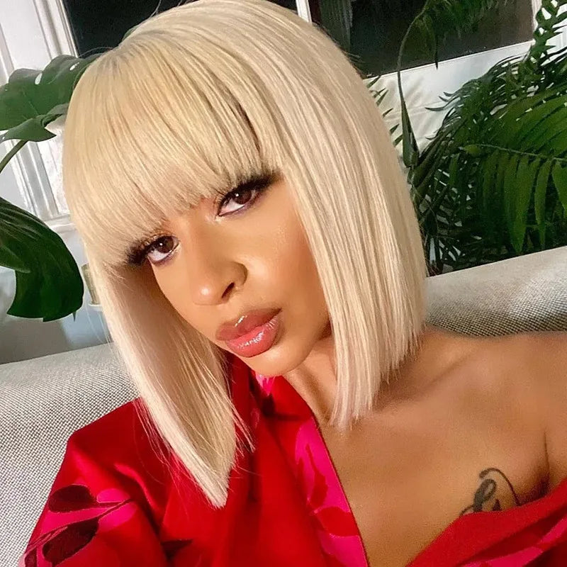 SSH Short Bob Wig With Bangs Fringe for Women Remy Human Hair Wigs Black Blond Color for Party Daily Use Shoulder Length