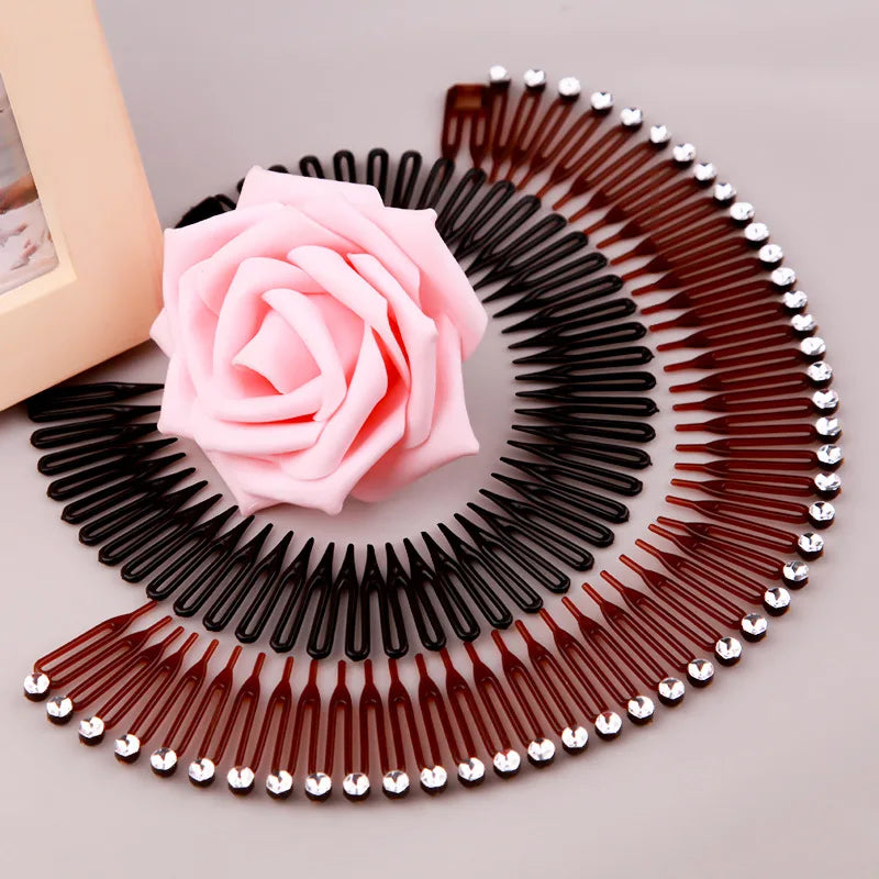 2pcs Rhinestone Plastic Full Circle Stretch Diamond Flexible Comb Teeth Headband Hair Band Clip Face Wash Fixed Hair Accessories