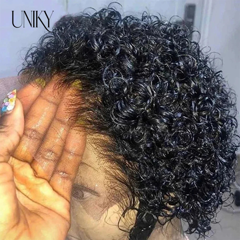 Pixie Cut Wig for Black Women Preplucked 13x1 13x4 Lace Hairline Water Wave Wig Peruvian Short Curly Lace Bouncy Human Hair Wigs