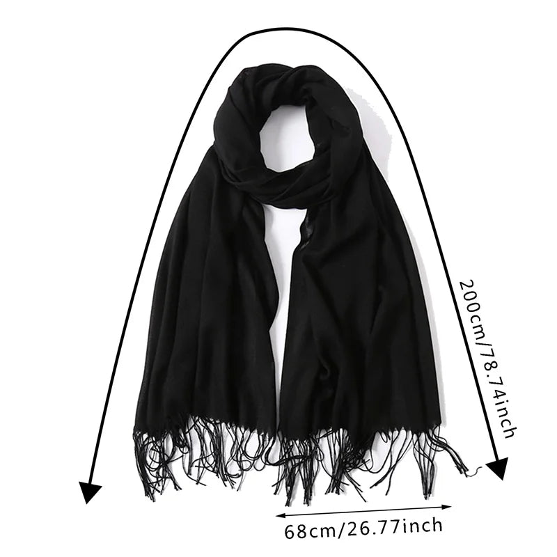 Écharpe tendance pour femme, couleur unie, hijab d'hiver, pompons, long châle, style cachemire, pashmina, bandana