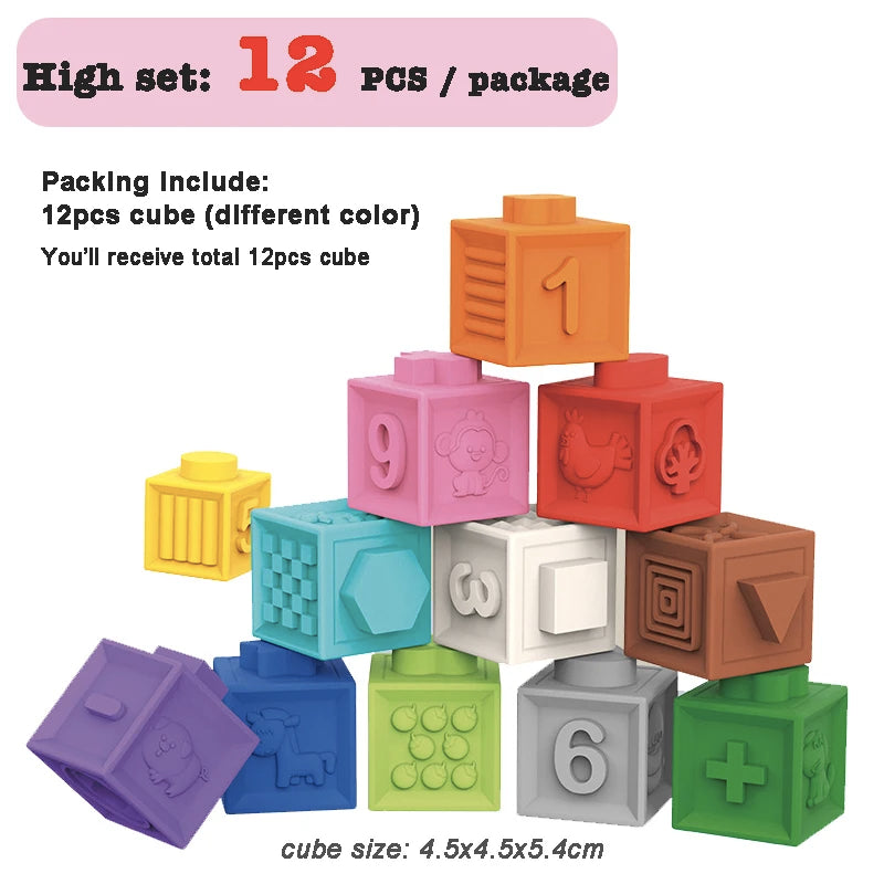 Baby Soft Rubber Cube Puzzle Montessori Toddlers Touch Early Education Squeeze Stacker Relief Gifts Kids Children Bath Toys
