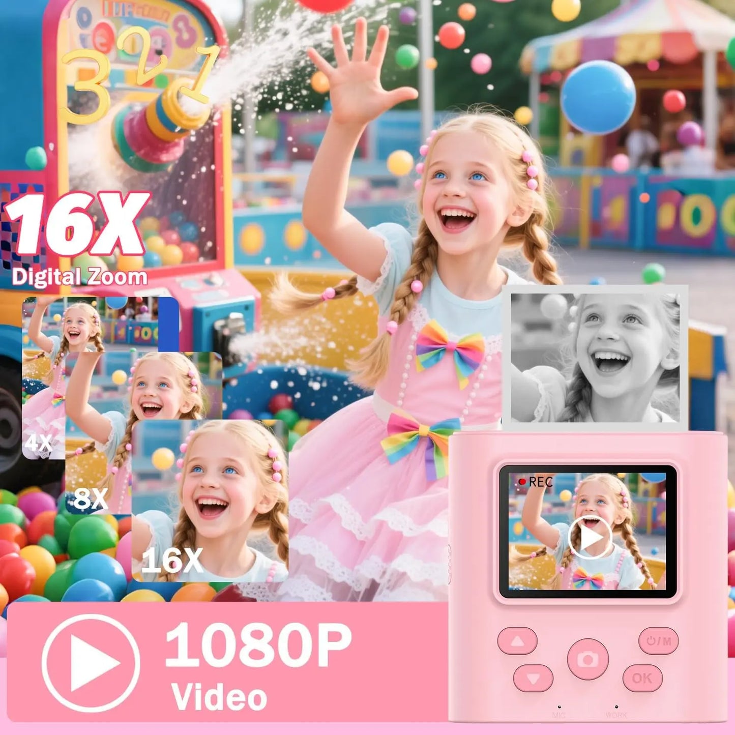 Kids Camera Instant Print HD 1080P 16X Zoom Digital Camera Video Recorder Toy for Girls & Boys Best Christmas Birthday Gfits