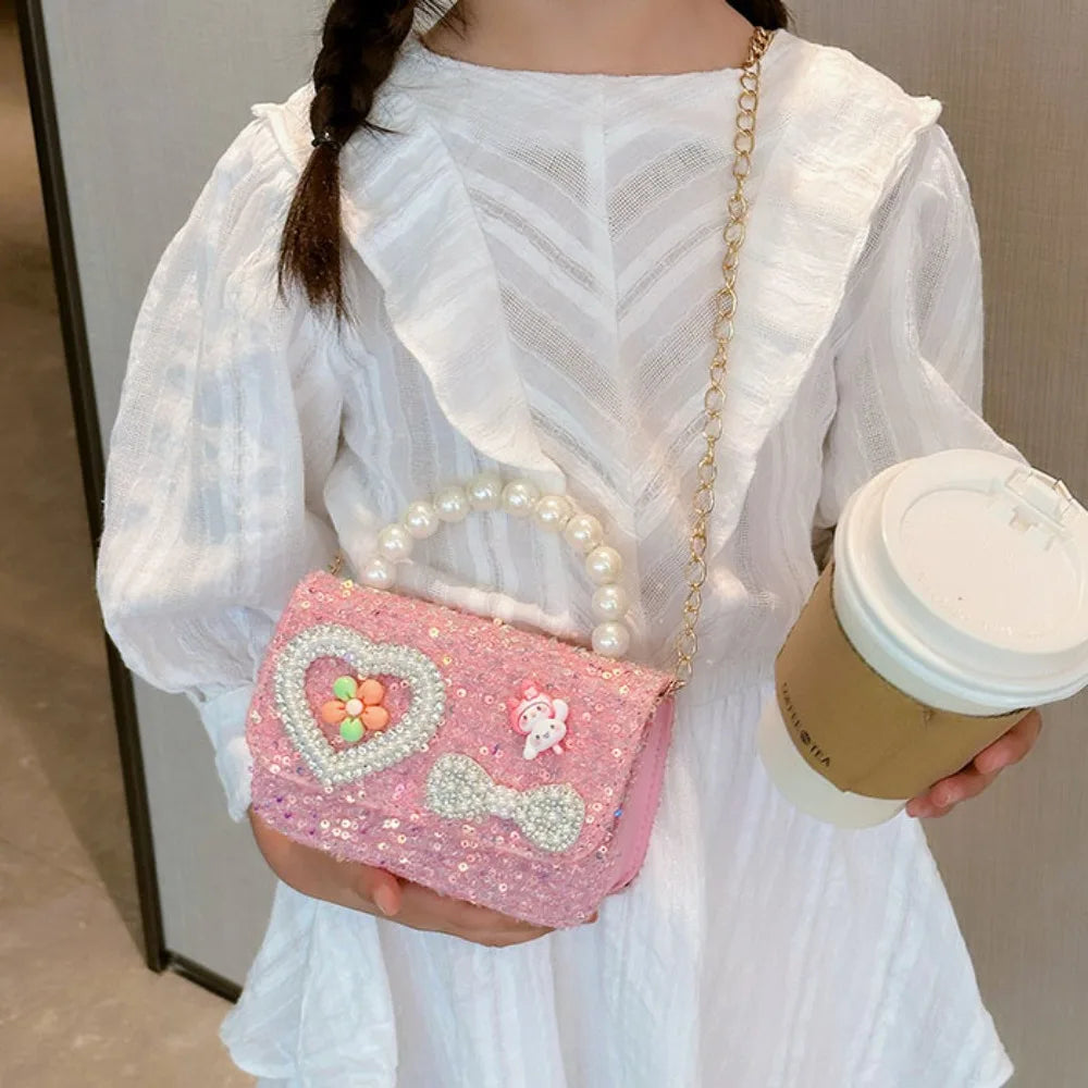 2024 Korean Style Pearl Kid's Handbag Lace Bow Princess Shoulder Messenger Bag Sequin Zero Wallet Pocket Pack