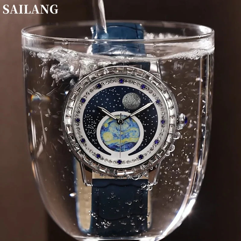 100%Original SAILANG Men Watch Waterproof Leather Strap Simple Fashion Starry Sky Swarovski Diamonds Men’s Luxury WristWatch