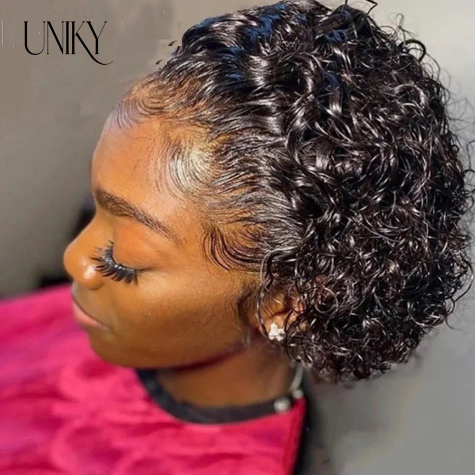 Pixie Cut Wig for Black Women Preplucked 13x1 13x4 Lace Hairline Water Wave Wig Peruvian Short Curly Lace Bouncy Human Hair Wigs