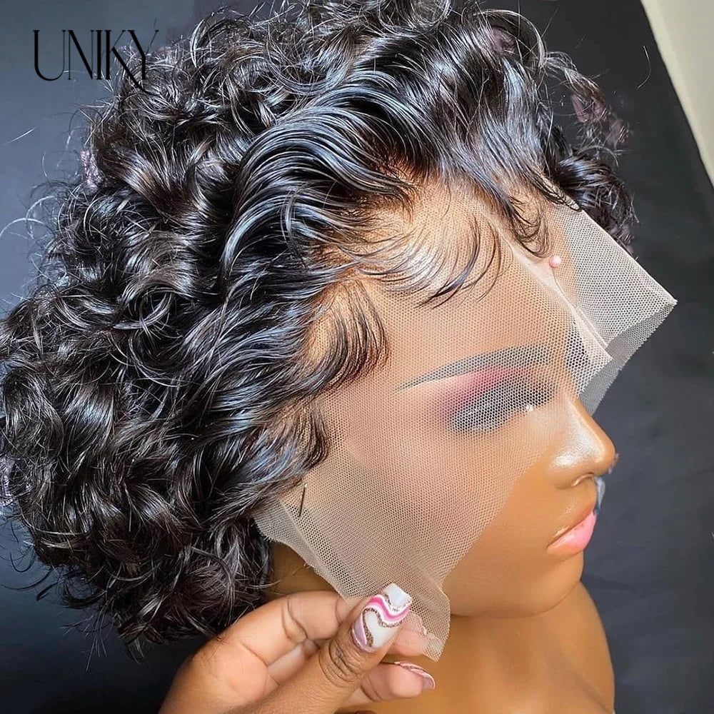Pixie Cut Wig for Black Women Preplucked 13x1 13x4 Lace Hairline Water Wave Wig Peruvian Short Curly Lace Bouncy Human Hair Wigs